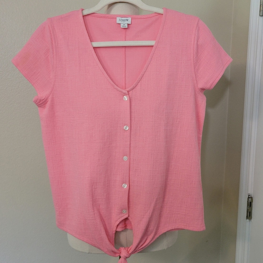 J. Crew Pink Button Down Short Sleeve Top with Tie Front